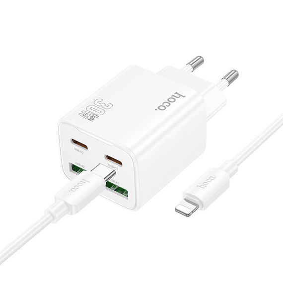 МЗП Hoco N56 Fundador PD30W four-port (2USB-A/2C) + кабель Type-C to Lightning White | Зображення 1