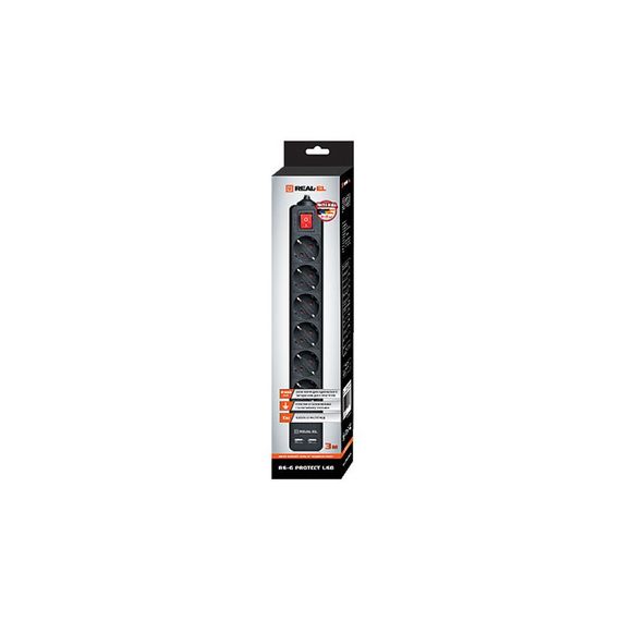 Мережевий фільтр живлення REAL-EL REAL-EL RS-6 PROTECT USB, 3m, black (EL122300017) | Зображення 1