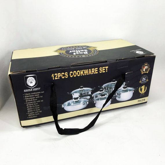 Набір каструль FH-219 з нержавіючої сталі 1.9л, 2.5л, 3.4л, 5.8л, 1.9л сковорода 24см та скляними кришками | Зображення 2