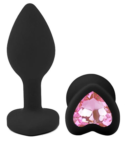 Анальная пробка EGZO Black Heart Plug S, черная силиконовая с розовым кристаллом Sex Aura | Зображення 1