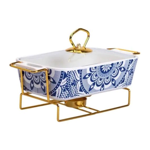 Марміт порцелянаовий із скляною кришкою 38х18.5х15.5 см на металевій підставці 1 л SA1107-S | Зображення 1