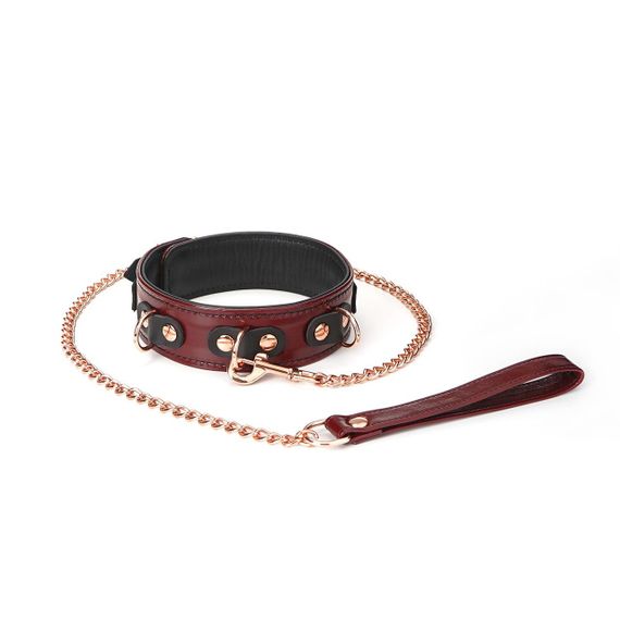 Кожаный ошейник с поводком Liebe Seele Wine Red Collar and Leash, 3 кольца для крепления Sex Aura