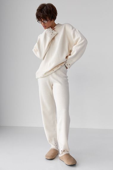 Трикотажний костюм з рваним ефектом - молочний цвет, ONE SIZE (є розміри)