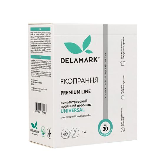 Концентрований безфосфатний пральний порошок Delamark Premium Line Universal з ефектом кондиціонера 1 кг (4820152330963)