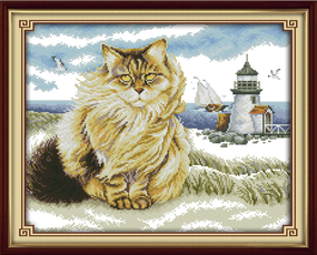 Набор для вышивания по нанесённой на канву схеме "Fat cats and the lighthouse". AIDA 14CT printed, 43*35 см