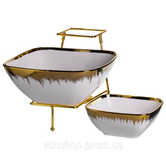 Фруктовница на 2 яруса фуршетная стойка для закусок 31×23×25 (см) конфетница Белая с золотом 2558-1 | Зображення 1