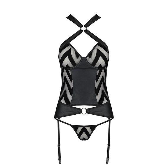 Сетчатый комплект с узором: корсет с халтером, подвязки, трусики Hima Corset black L/XL - Passion | Зображення 4