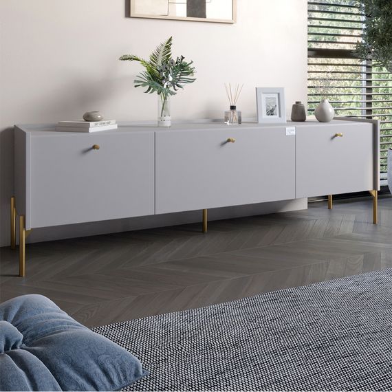 Тумба під телевізор на 3 шухляди LION Wood з золотими ніжками 160х65х40 см Кашемір (LION-042996)