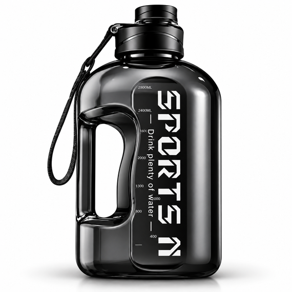 Пляшка для води SPORTS 2700 мл чорна — спортивна BPA Free, ударостійка, герметична, з посиленою ручкою та ремінцем
