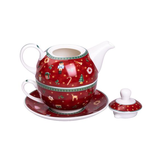 Заварник для чая с чашкой и блюдцем фарфоровый новогодний, красный HP-SD-10 | Зображення 1