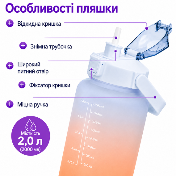Спортивна пляшка для води XL (2000 мл) — Блакитний матовий градієнт | Зображення 2