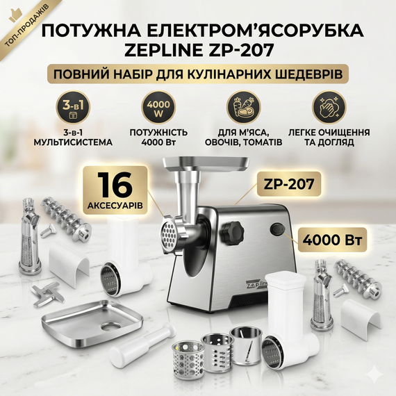 Электромясорубка 3в1 4000 Вт Zepline ZP- 00207 Мясорубка с соковыжималкой+шинковка+насадка для колбасы