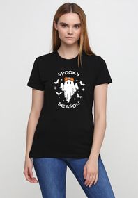 Футболка жіноча чорна з принтом "Spooky season", XL