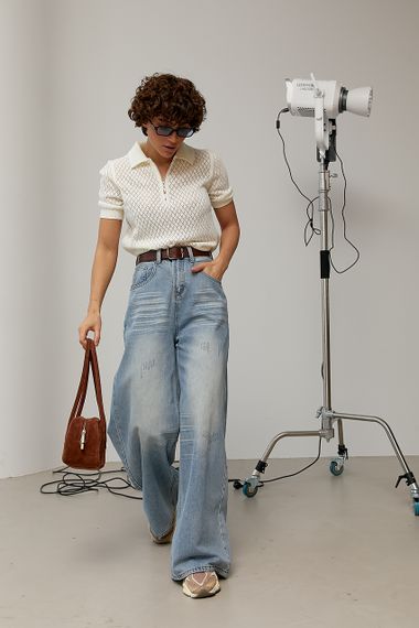 В'язане ажурне поло в ромби - молочний цвет, ONE SIZE (є розміри) | Зображення 2