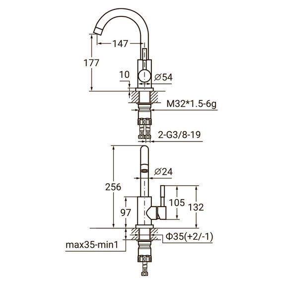 Змішувач KT Ø35 для раковини гусак вигнутий на гайці SS AQUATICA (KT-1A270P) 9722011 | Зображення 1