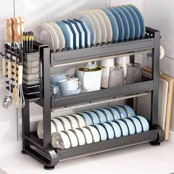Полиця стелаж кухонна для посуду металева 3-х ярусна Чорна