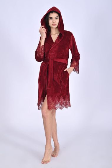 Жіночий халат Nusa 0483 велюровий з капюшоном Бордовий, S | Зображення 1