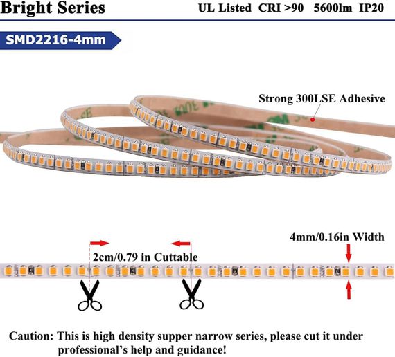 Світлодіодна стрічка JOYLIT 4мм, 24V, 5м, 5500 Лм, CRI 90+, 1750 LED, 3000K, LED лента для меблів, полиць | Зображення 3