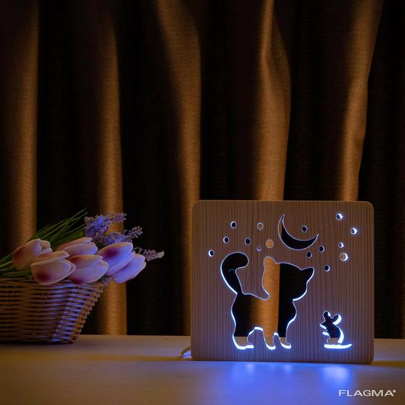 Светильник ночник ArtEco Light из дерева LED "Кот и мышка под луной" с пультом и... | Зображення 9
