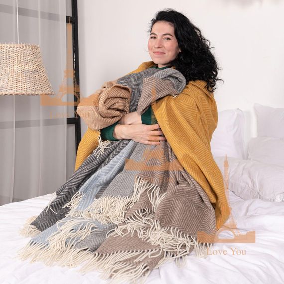 Плед вовняний мериносовий Love You Ромб коричневий 140x200 см м’який теплий для дому та спальні (4235) | Зображення 3