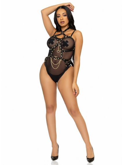 Портупея-боді з ланцюжками та підвісками Heart Ring Leg Avenue, екошкіра та метал, чорна, S sexstyle | Зображення 4