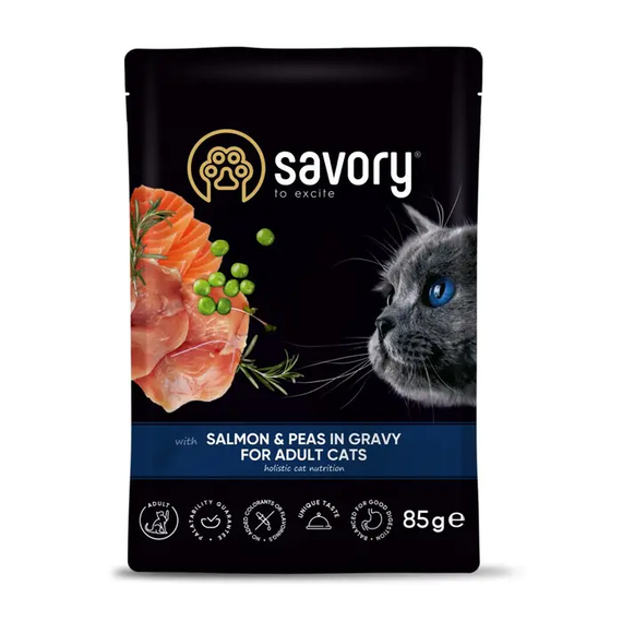 Вологий корм пауч Savory для дорослих котів, лосось і горох у соусі 85г