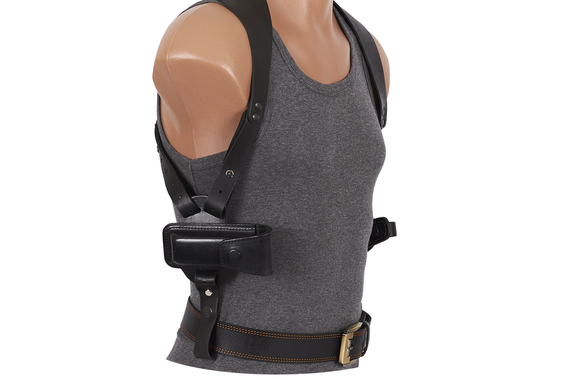 Кобура двостороння Форт-12 формована з кліпсою з чохлом під магазин (шкіра, чорна) MAS