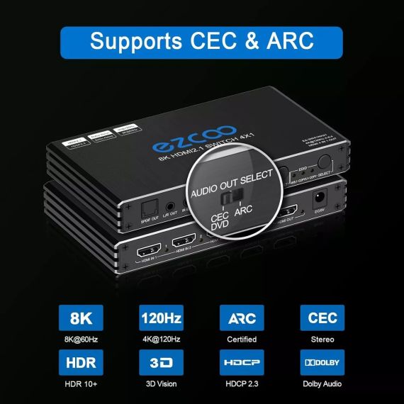 8K HDMI Switch 4K@120Hz 4 in 1 out w/remote EZ-SW41HA21 HDMI-перемикач 4 в 1 | Зображення 4
