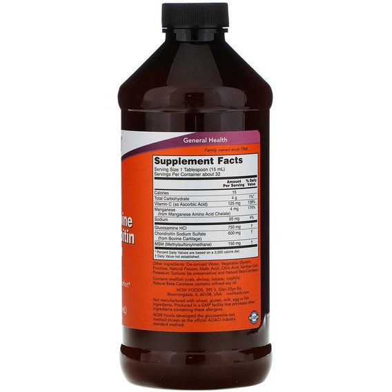 Препарат для суглобів та зв'зок NOW Foods Liquid Glucosamine & Chondroitin with MSM, 16 fl oz 473 ml NOW-03175 | Зображення 1