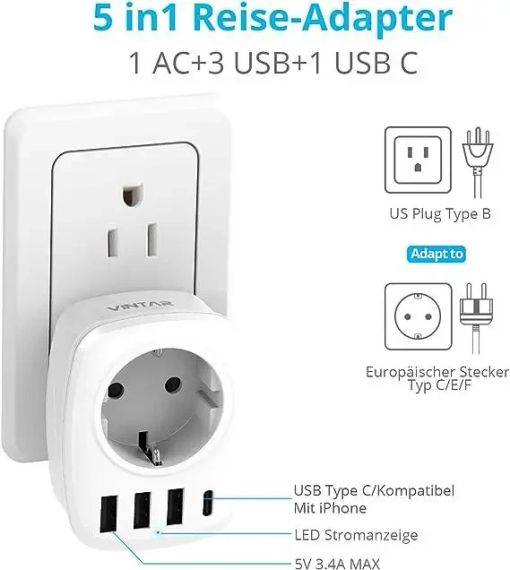 Дорожній адаптер із 4 портами VINTAR, 3 порти USB і 1 порт USB-C