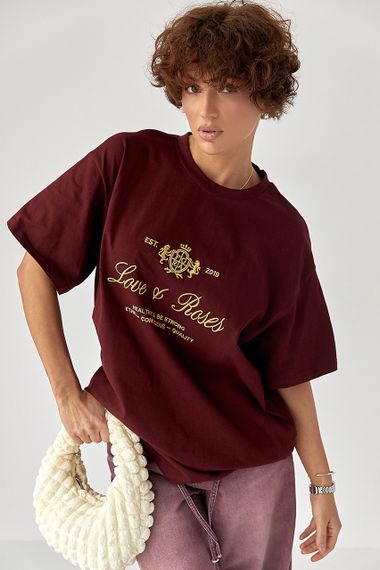 Футболка вільного фасону з вишитими написами - бордо цвет, ONE SIZE (є розміри)