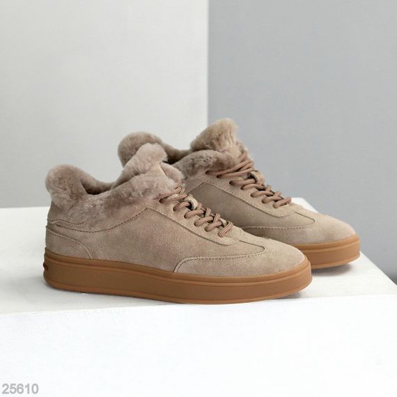 Класичні Бежеві зимові кросівки натуральна замша опушка цигейка | Зображення 2