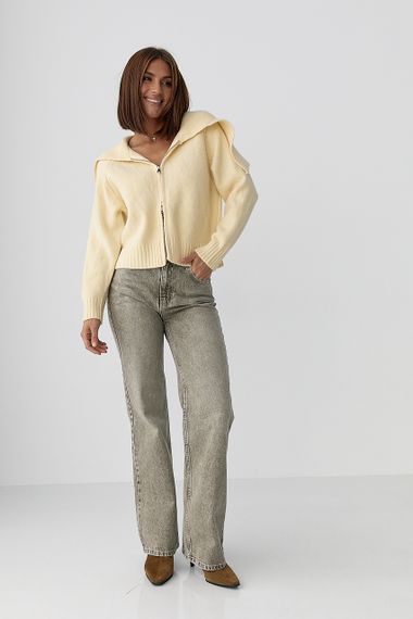 В'язаний укорочений жіночий кардиган на блискавці - кремовий цвет, ONE SIZE (є розміри) | Зображення 1