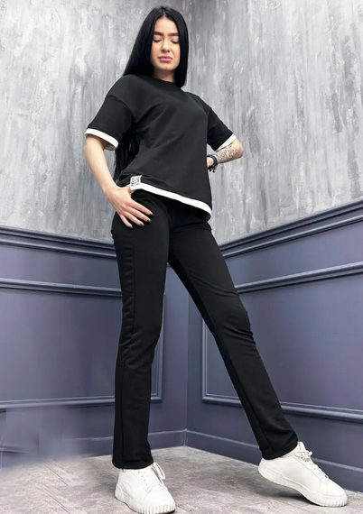 Женский летний спортивный прогулочный костюм футболка + штаны GF07925 размер 42/44, цвет черный | Зображення 1