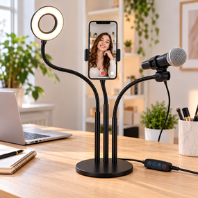 Набор блоггера 3в1 / Гибкий штатив с Led кольцом Ring Light + держатели для телефона и микрофона на подставке / Настольный штатив