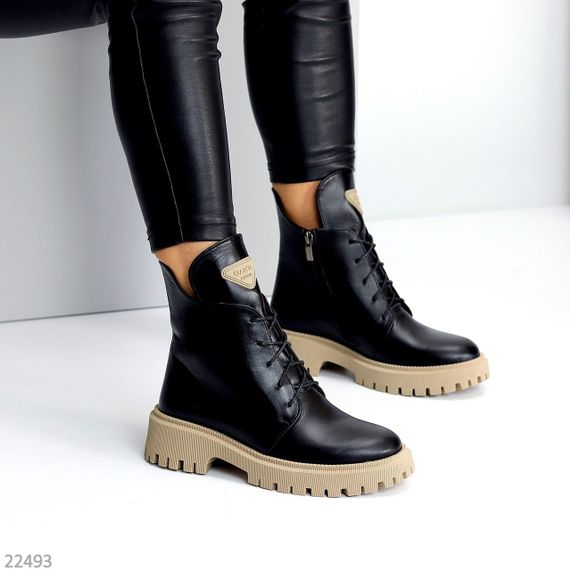 Крутые повседневные черные ботинки натуральная кожа на бежевой подошве | Зображення 4