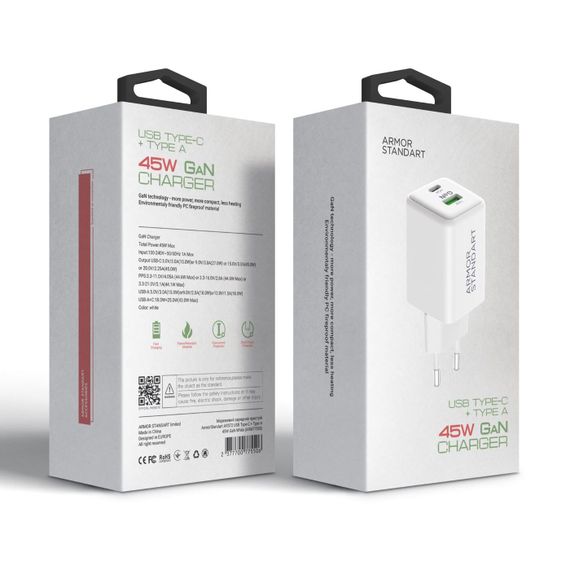 Мережевий зарядний пристрій ArmorStandart AR372 45W GaN Type-C + USB-A White (ARM77550) | Зображення 1