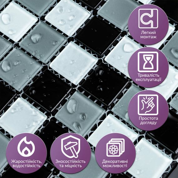 Мозаїка з декоративного скла чорно-сіра 298х298х4,5мм SW-00002369 | Зображення 3