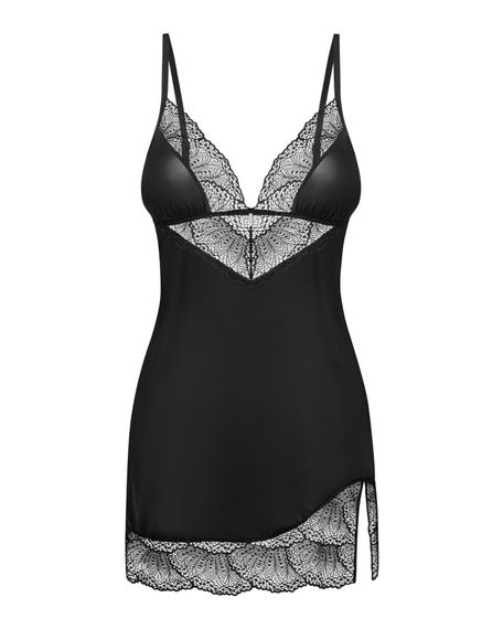 Пеньюар Obsessive Lobellis chemise & thong, M/L, чорний, мереживне оздоблення, стрінги в комплекті | Зображення 2
