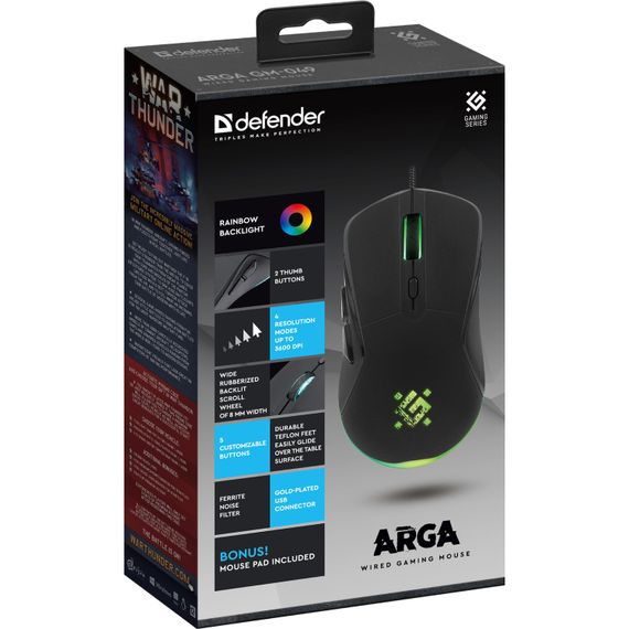 Мишка Defender Arga GM-049, 6кн. 3600 dpi, +коврик, rainbow, чорна | Зображення 5