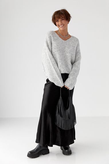 В'язаний джемпер з V-подібною горловиною - світло-сірий цвет, ONE SIZE (є розміри) | Зображення 2