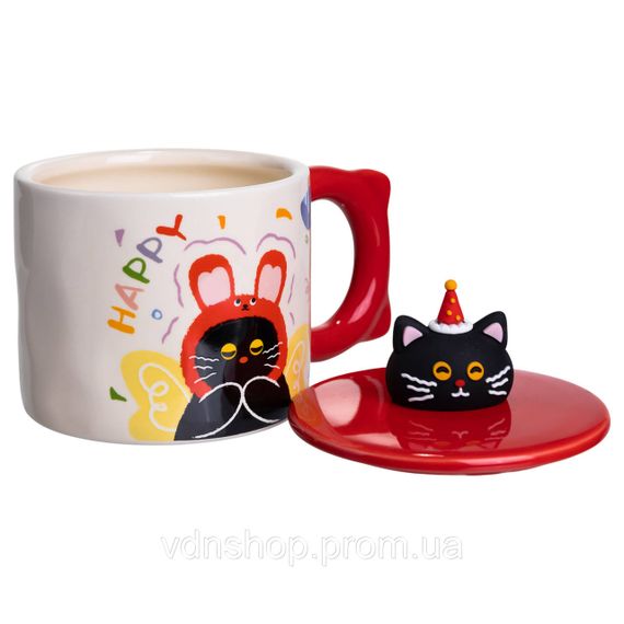Чашка фарфоровая с крышкой Kitten's Birthday 400 (мл) подарочная кружка прикольная чашка для детей на подарок Красный FM-24D | Зображення 1