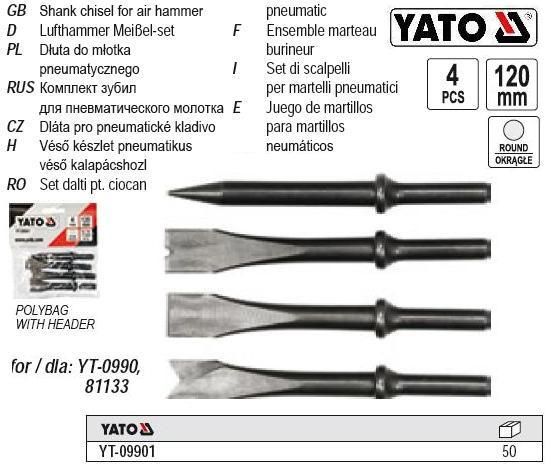 Набір долота зубила до пневматичного молотка l=120 мм 4 штуки YATO Польща YT-09901