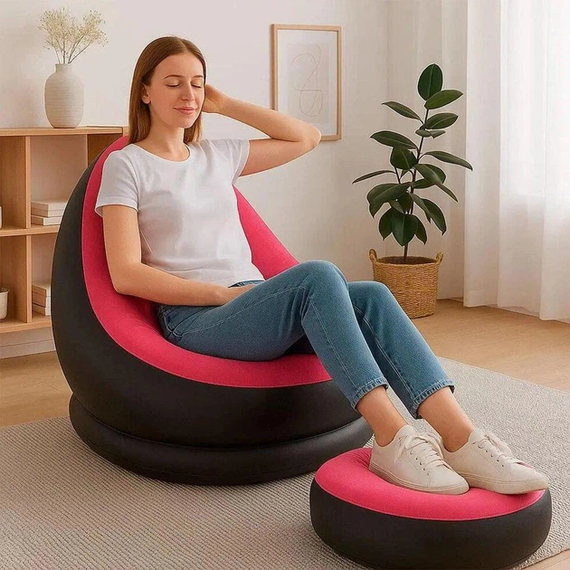 Надувной диван с пуфом Air Sofa / Надувное велюровое кресло с пуфиком+насос Розовый | Зображення 2