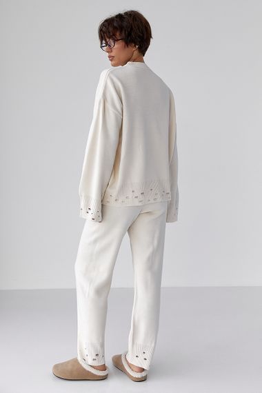 Трикотажний костюм з рваним ефектом - молочний цвет, ONE SIZE (є розміри) | Зображення 1