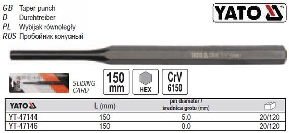 Пробойник YATO Польша пробийник слесарный Ø=5 мм l=150 мм YT-47144