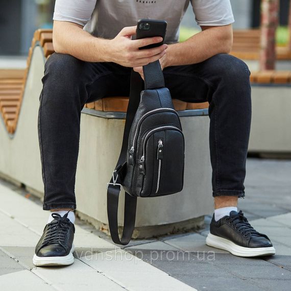 Сумка-слінг чоловіча на одне плече 18х32х7, рюкзак нагрудний з натуральної шкіри 74521 чорний | Зображення 9