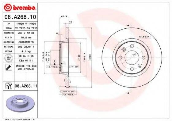 Диск гальмівний DACIA LOGAN, SANDERO, передн. (вир-во BREMBO) BREMBO 08A26810 на DACIA LOGAN (LS_)