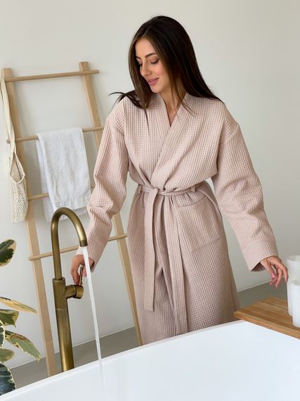 Жіночий вафельний халат COSY довгий, бежевий. | Зображення 5