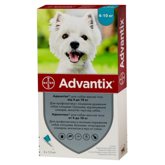 Advantix Капли от блох и клещей для собак весом 4-10кг 1амп.1,0мл